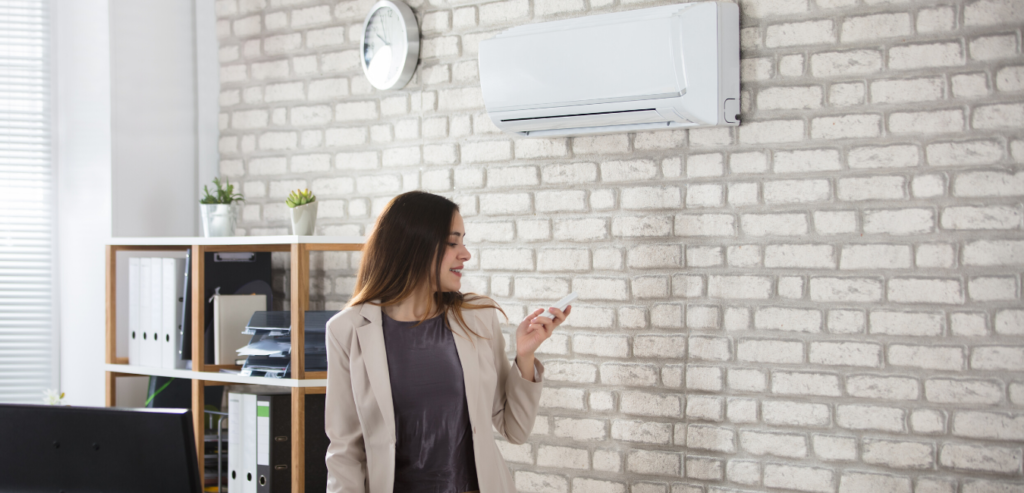 Office with a wall-mounted air conditioner and employee